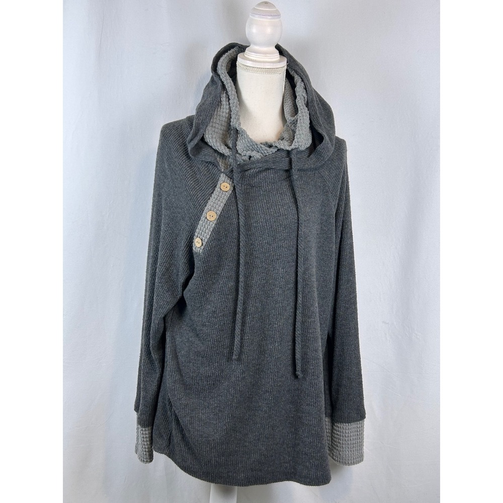 White Birch Cowl Neck Double Hoodie Women XL Grey Waffle Knit Button Detail